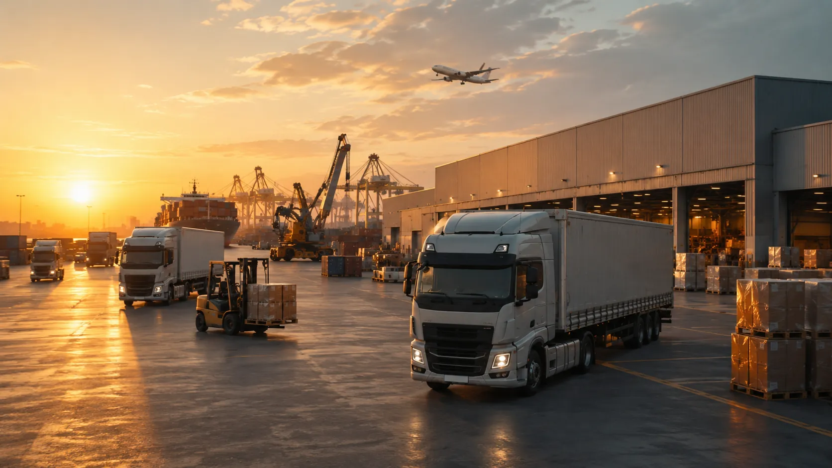 Integrated logistics hub connecting warehousing, road freight, port operations and air cargo