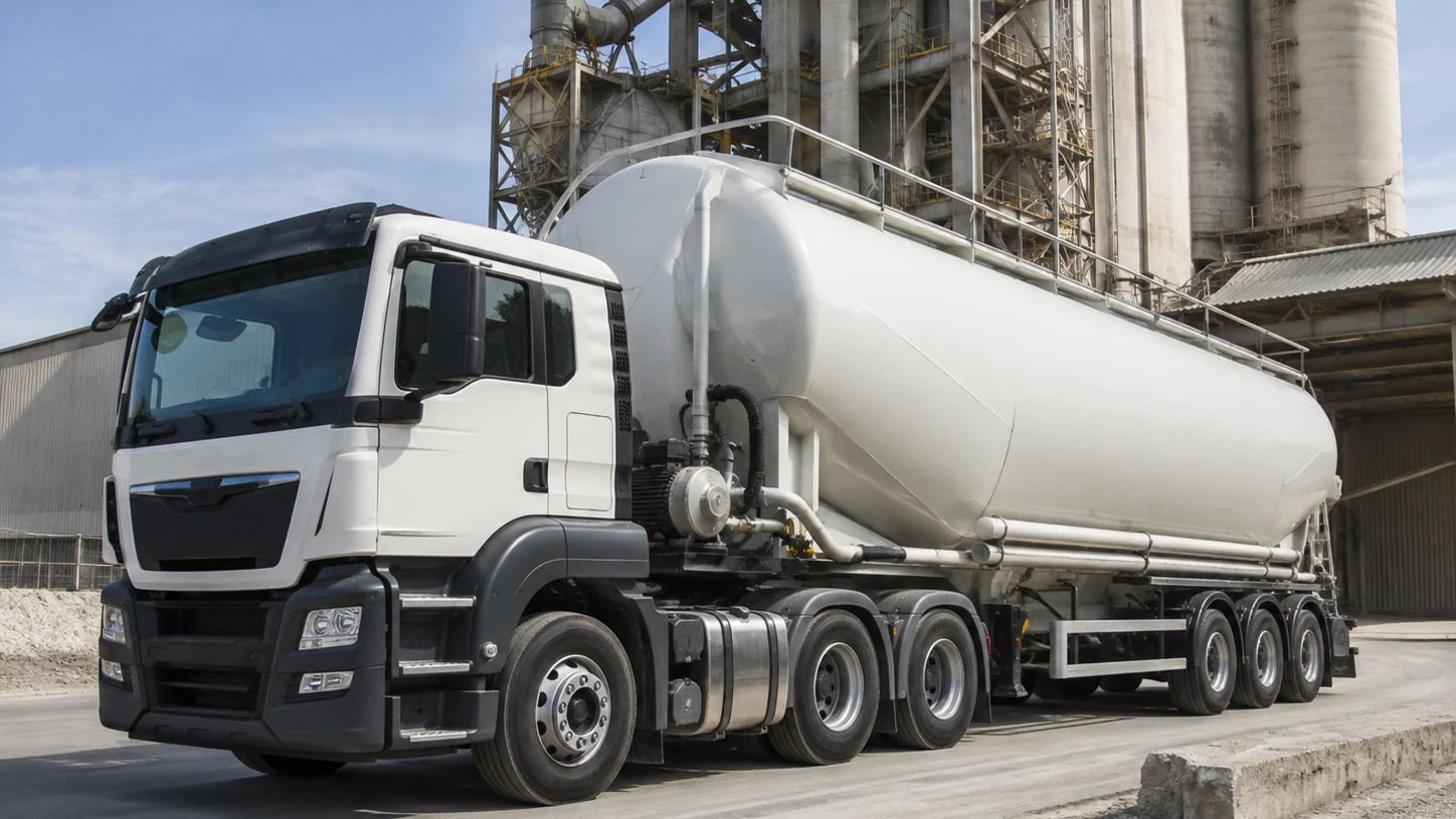 Proper pneumatic silo-shaped bulk cement carrier truck at a cement plant