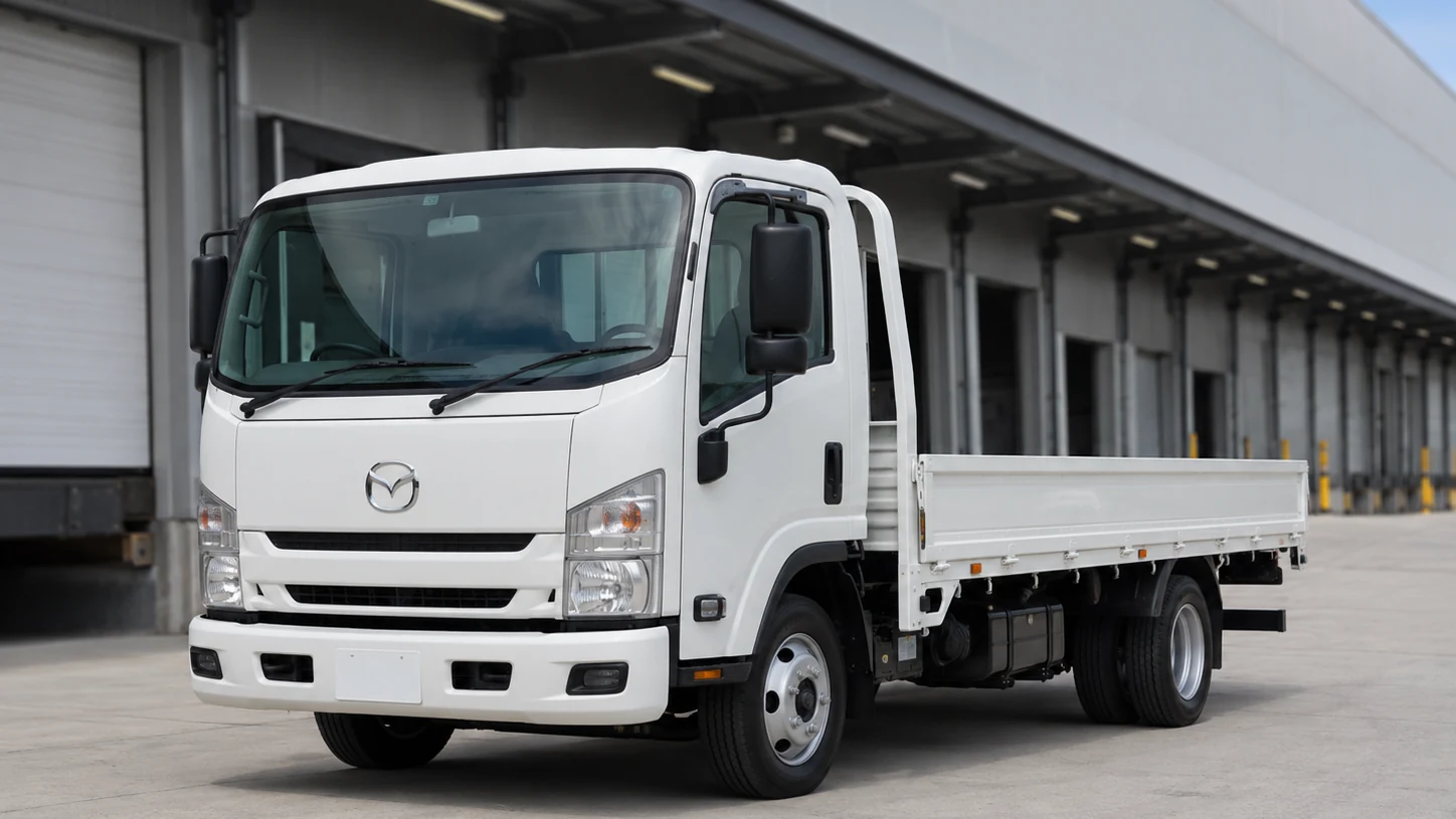 Real 17ft Mazda commercial truck at a professional warehouse loading facility