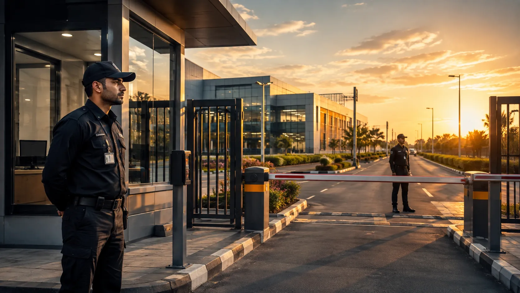 Professional uniformed security officers managing industrial access control