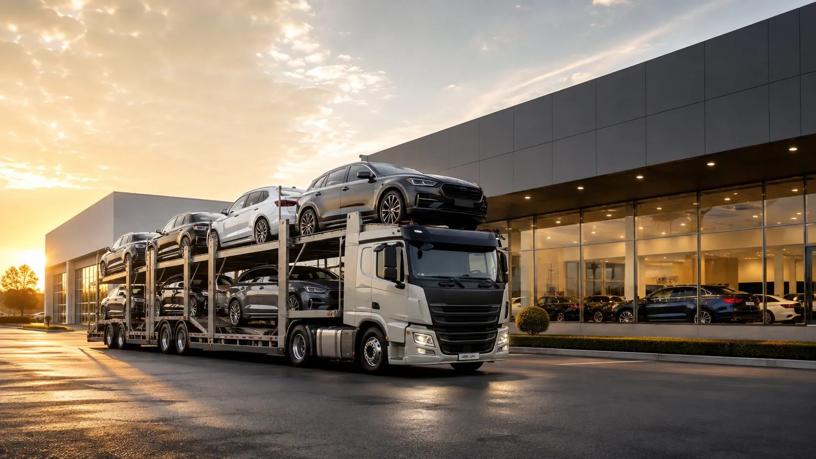 Professional multi-car carrier operating beside a modern automotive showroom