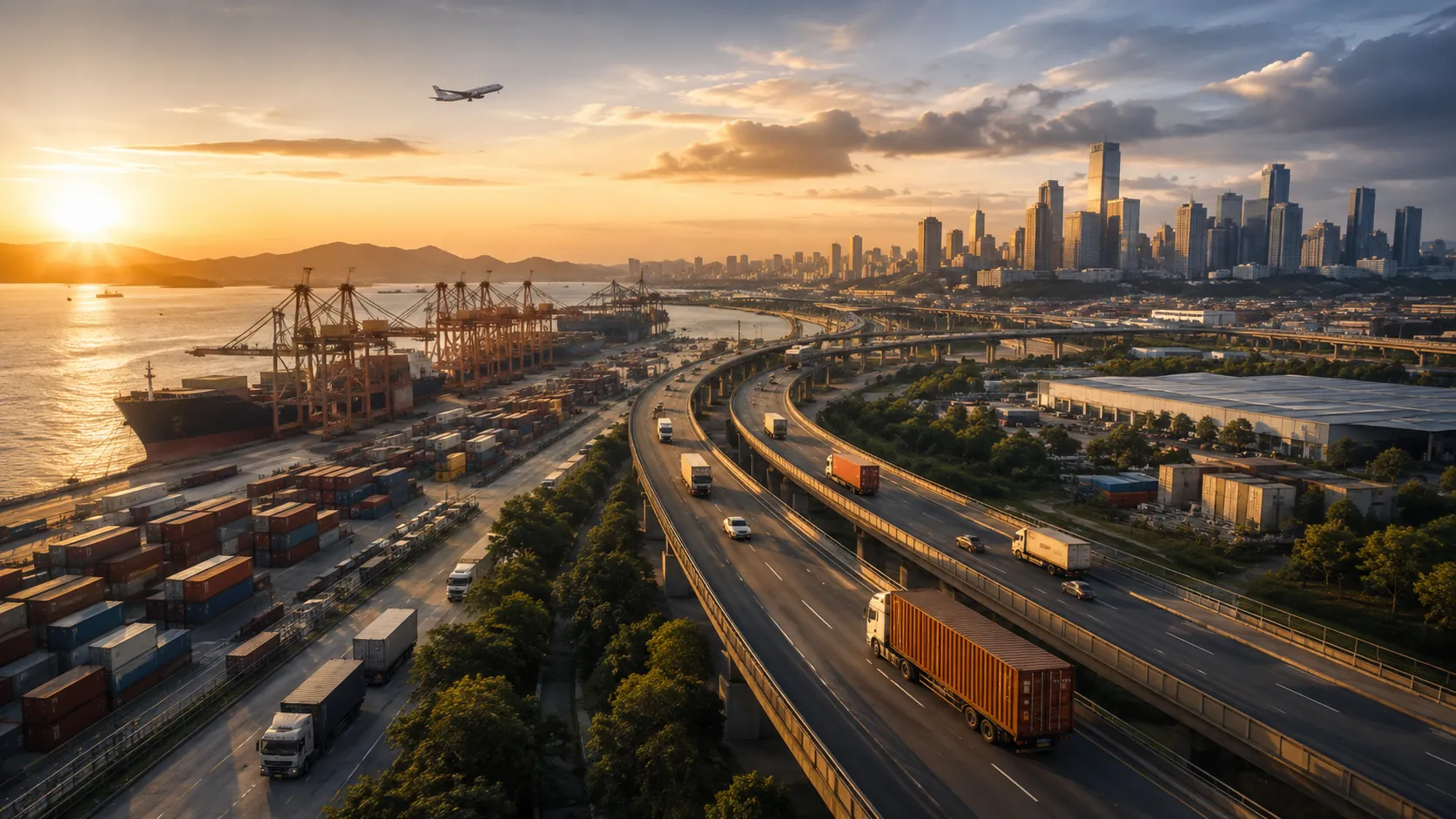 Port-connected highway network with container trucks and large-scale freight movement
