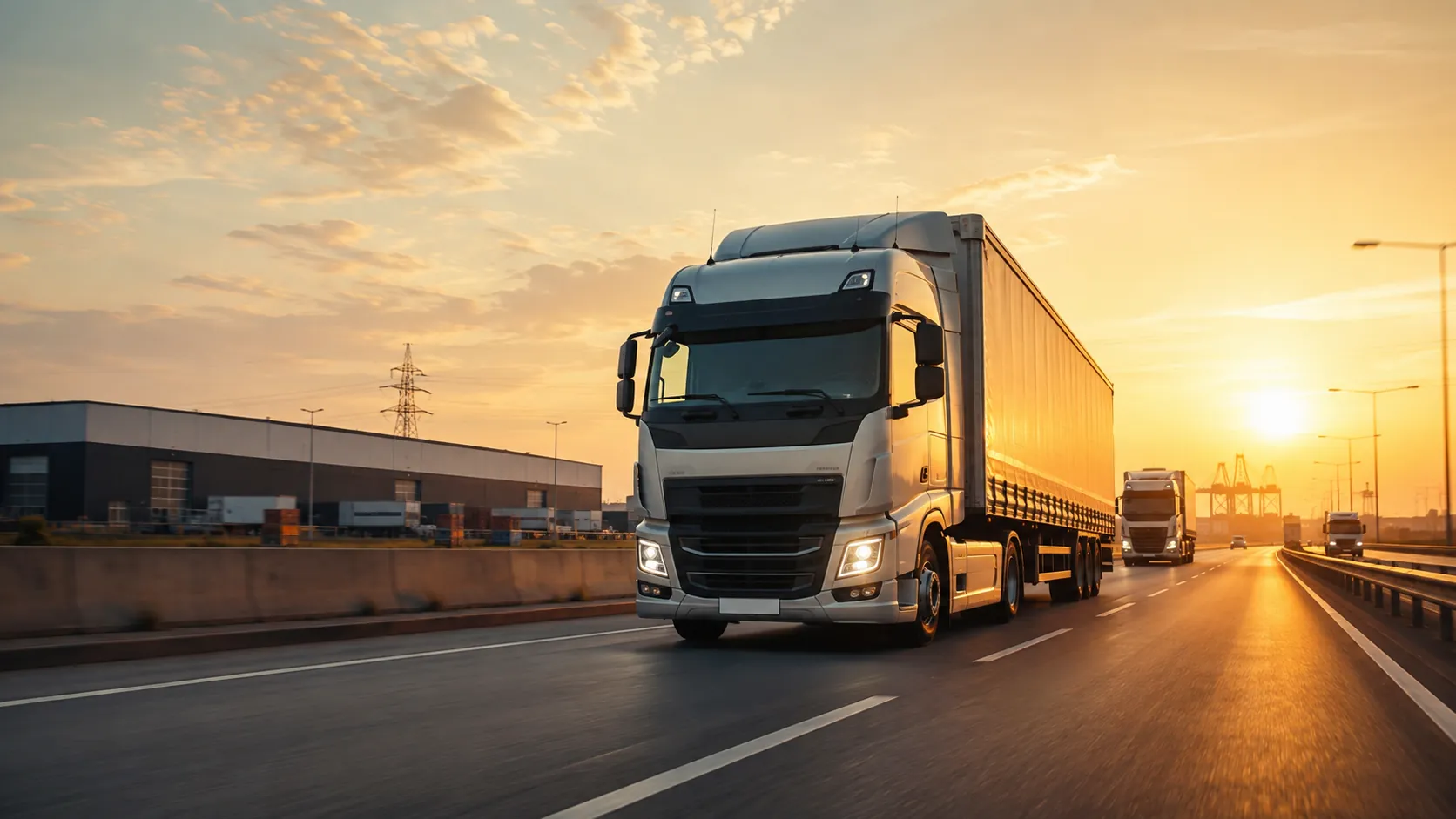 Modern heavy-duty freight truck on a national logistics corridor at golden hour