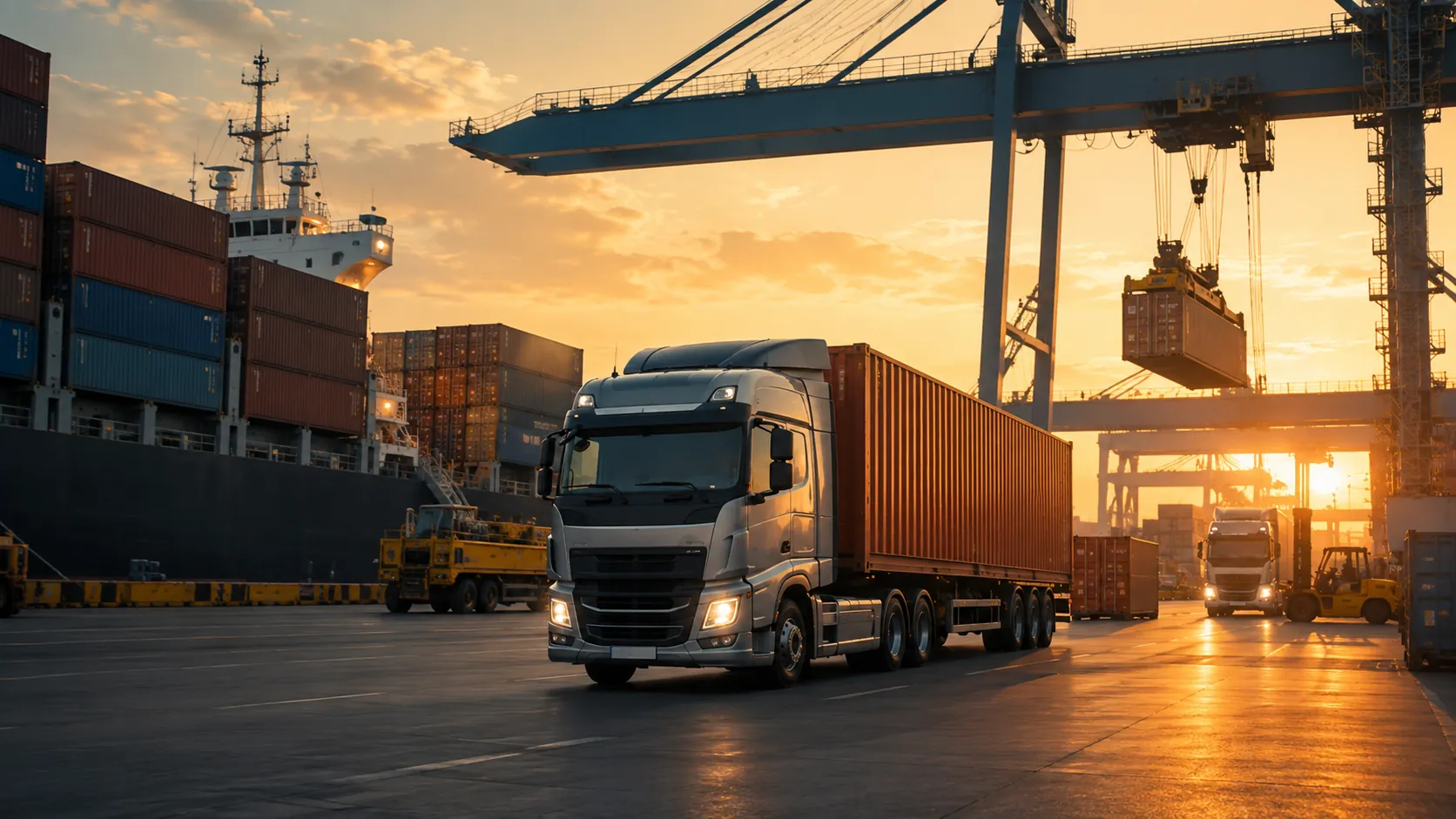 Container truck operating beneath gantry cranes at a professional seaport terminal