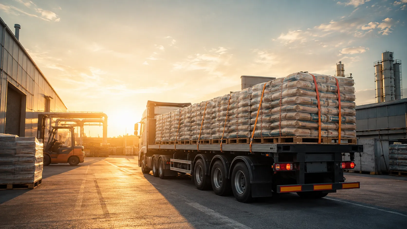 Industrial bulk cargo secured on a heavy trailer at a manufacturing facility