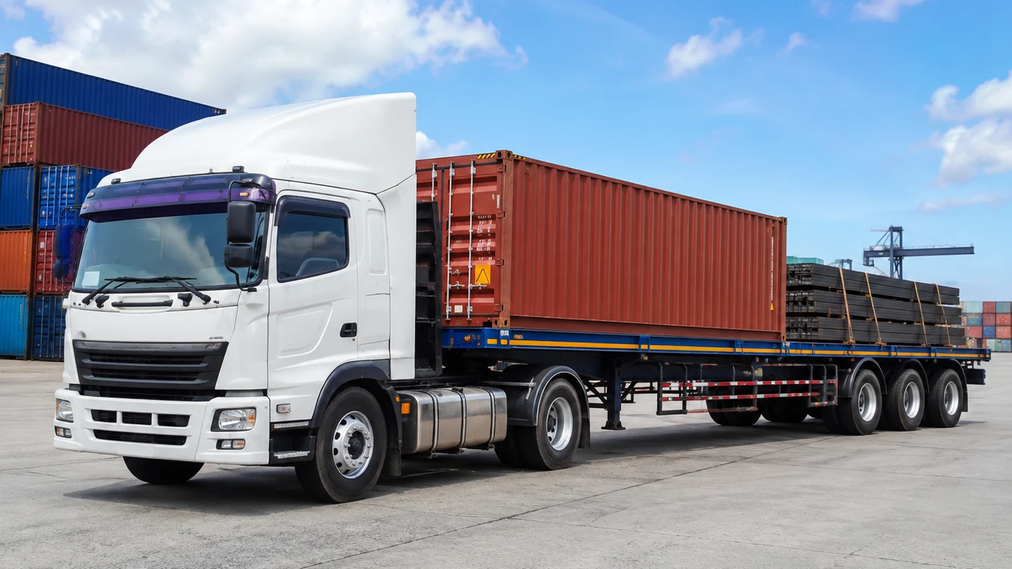 Real heavy flatbed trailer carrying container and long heavy cargo at a logistics terminal
