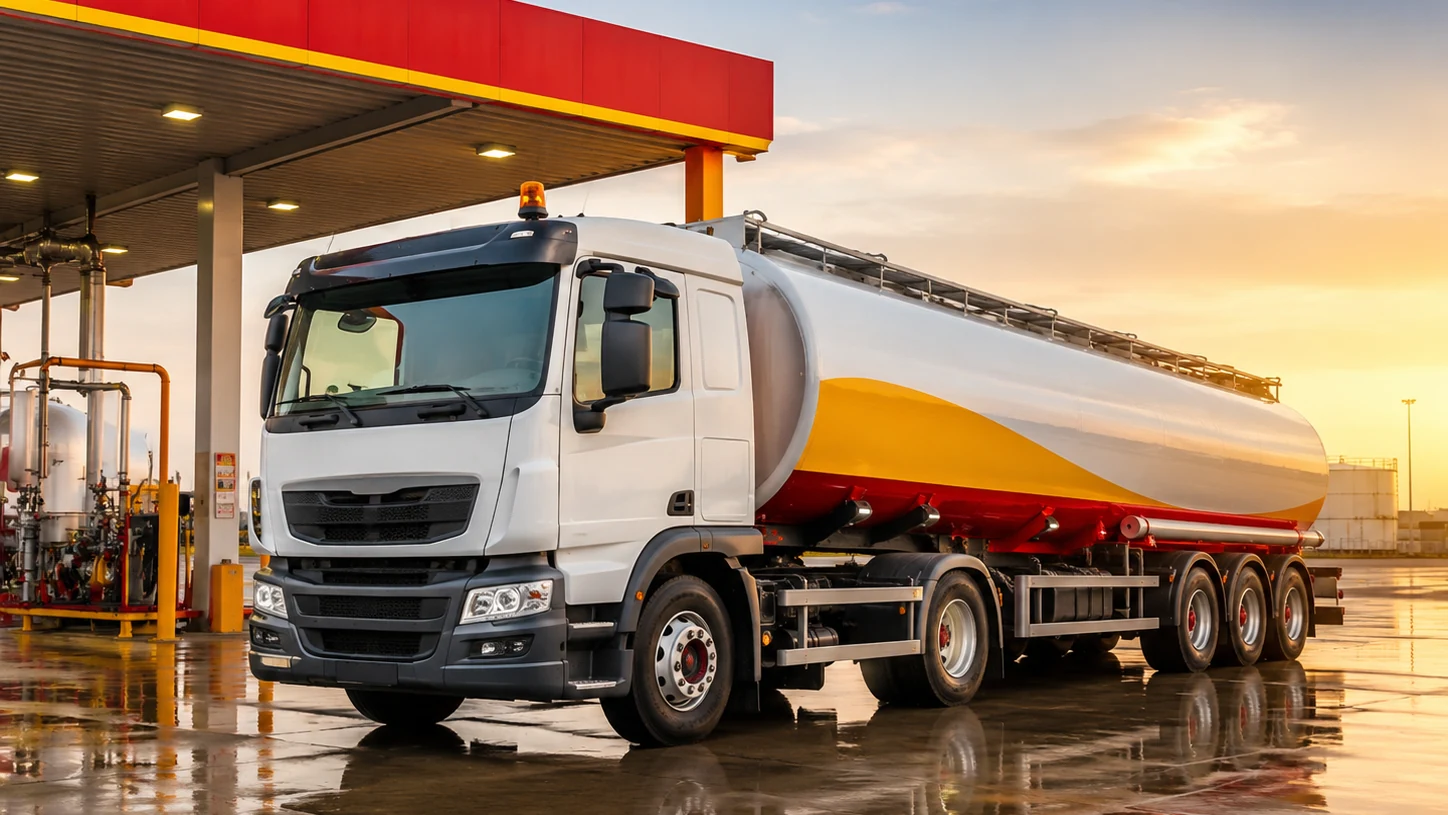 Professional red-and-yellow fuel-station-style petroleum tanker at a clean fuel terminal