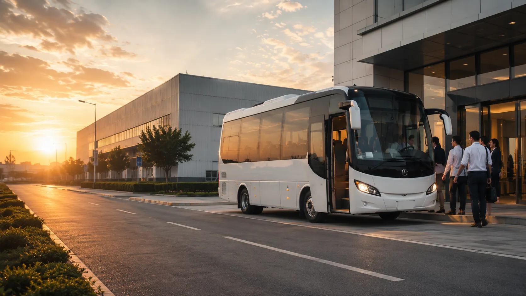 Corporate employee shuttle bus at a modern industrial facility