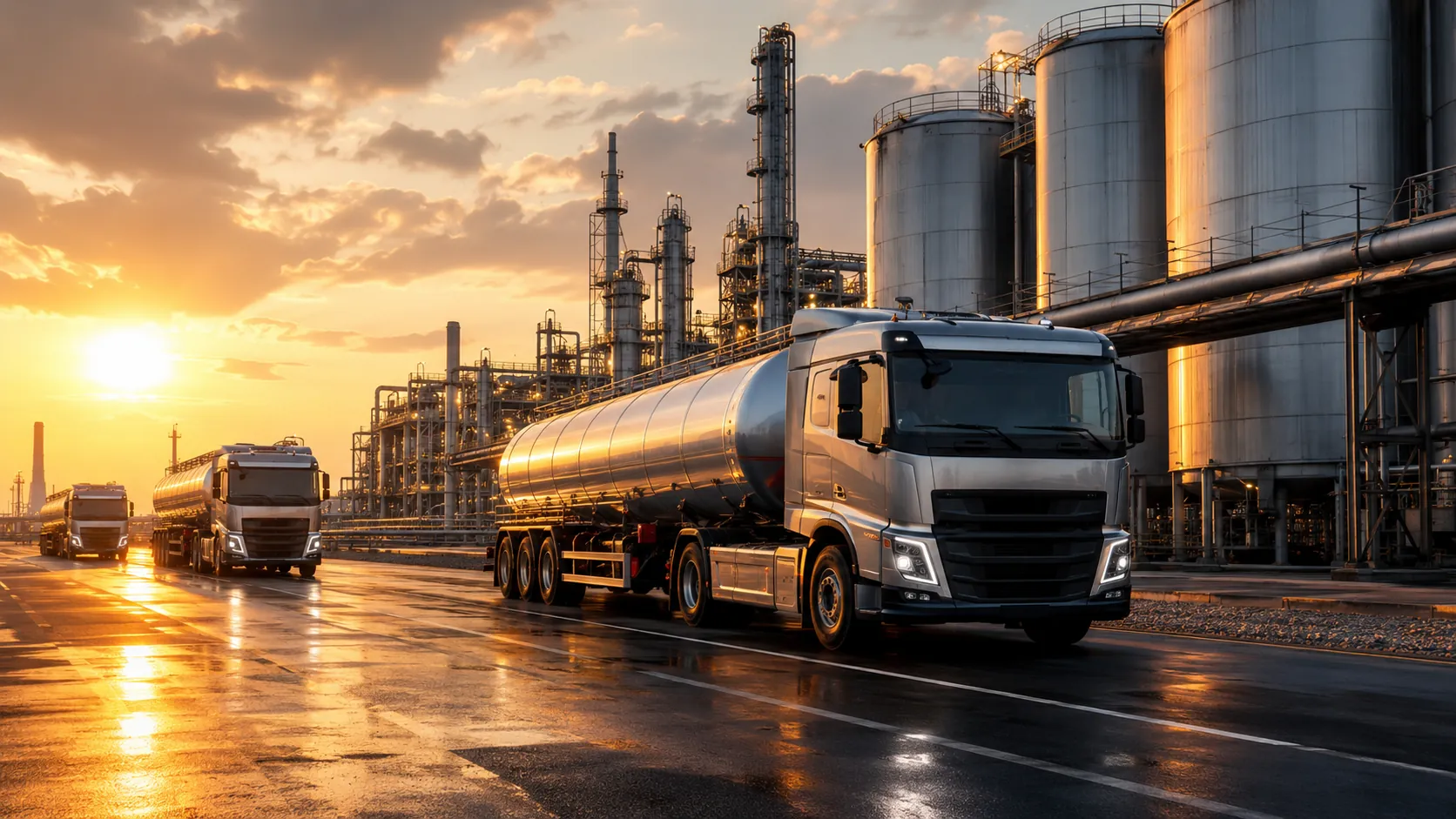 Multiple stainless-steel tanker trucks operating at an industrial processing complex