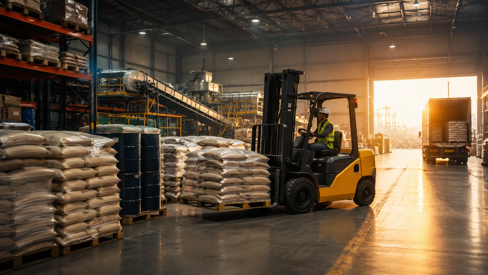 Warehouse raw materials with forklift loading and industrial distribution operations