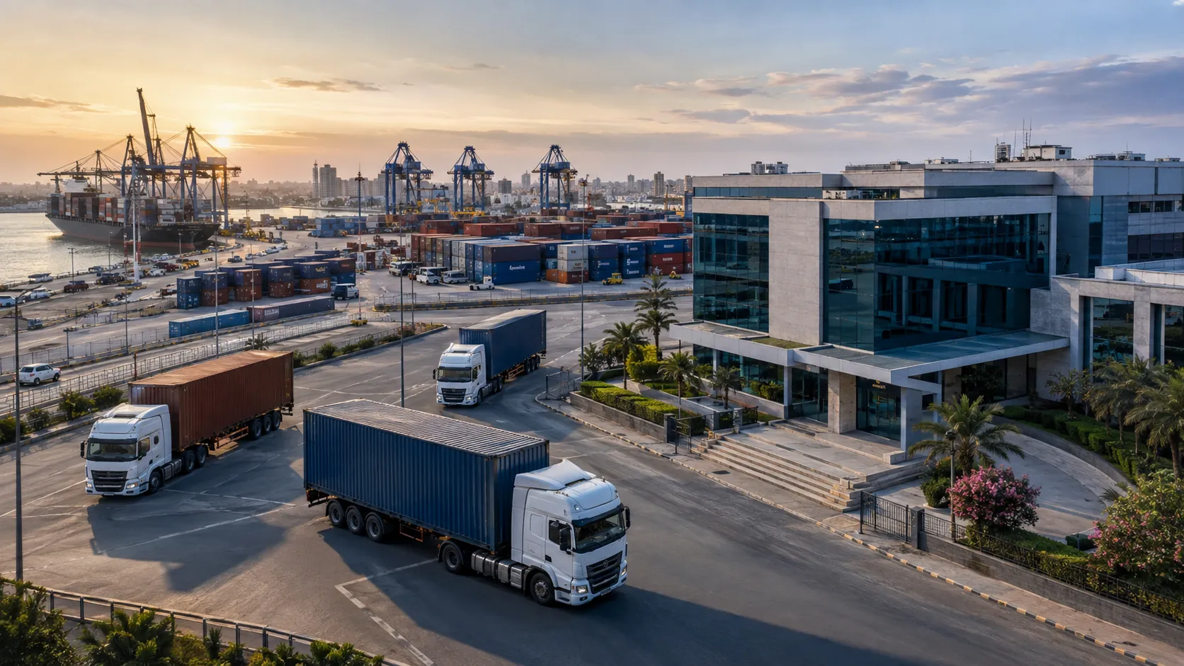 Modern logistics headquarters and port-connected freight operations representing corporate scale