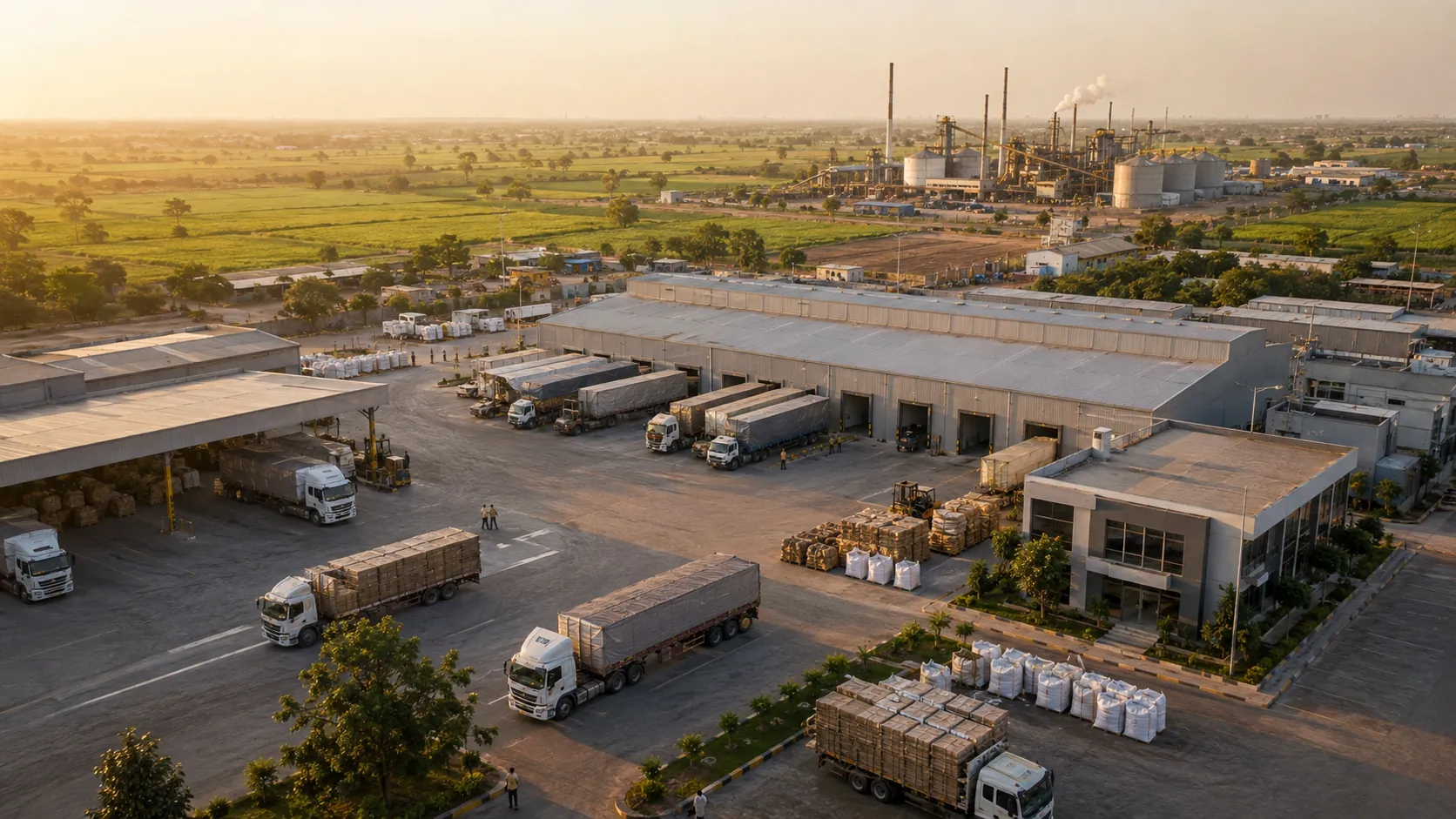 Large industrial logistics estate surrounded by agricultural production and distribution activity