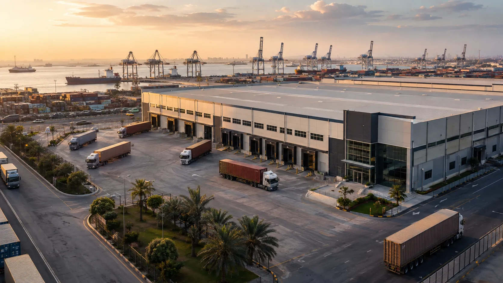 Professional Karachi port logistics hub with warehouse, container trucks and seaport cranes