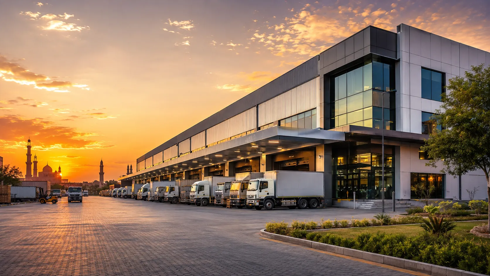 Modern Lahore distribution warehouse with a professional commercial truck fleet