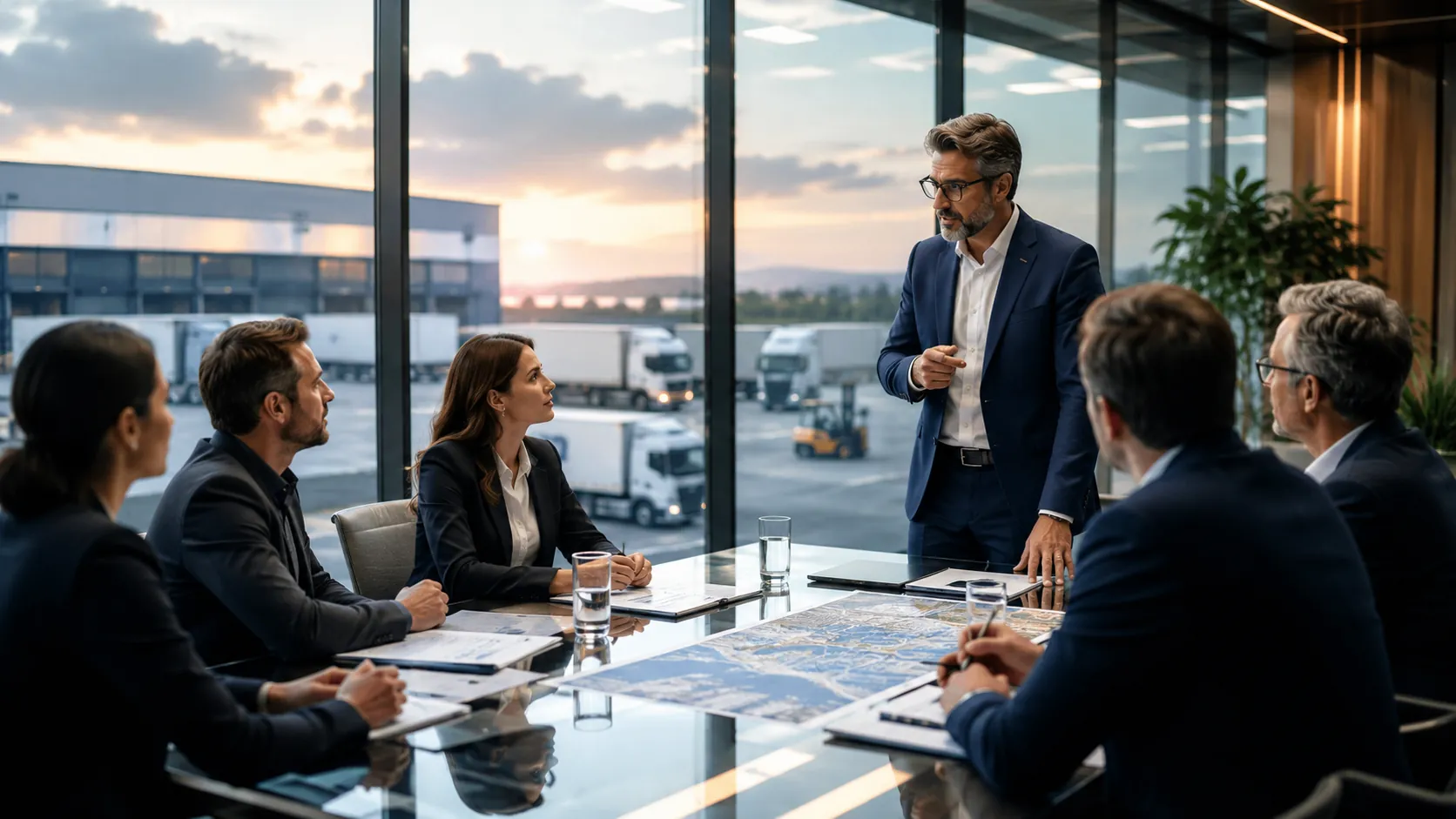 Executive logistics strategy meeting overlooking active distribution operations