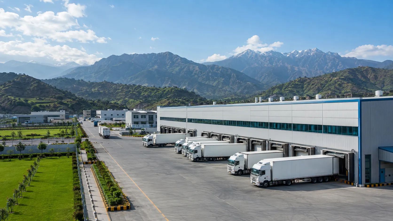 Professional Nowshera logistics warehouse and freight yard in a northern mountain corridor