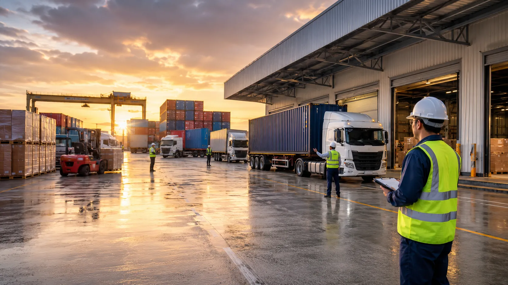 PPE-equipped logistics personnel supervising container loading at a controlled warehouse yard