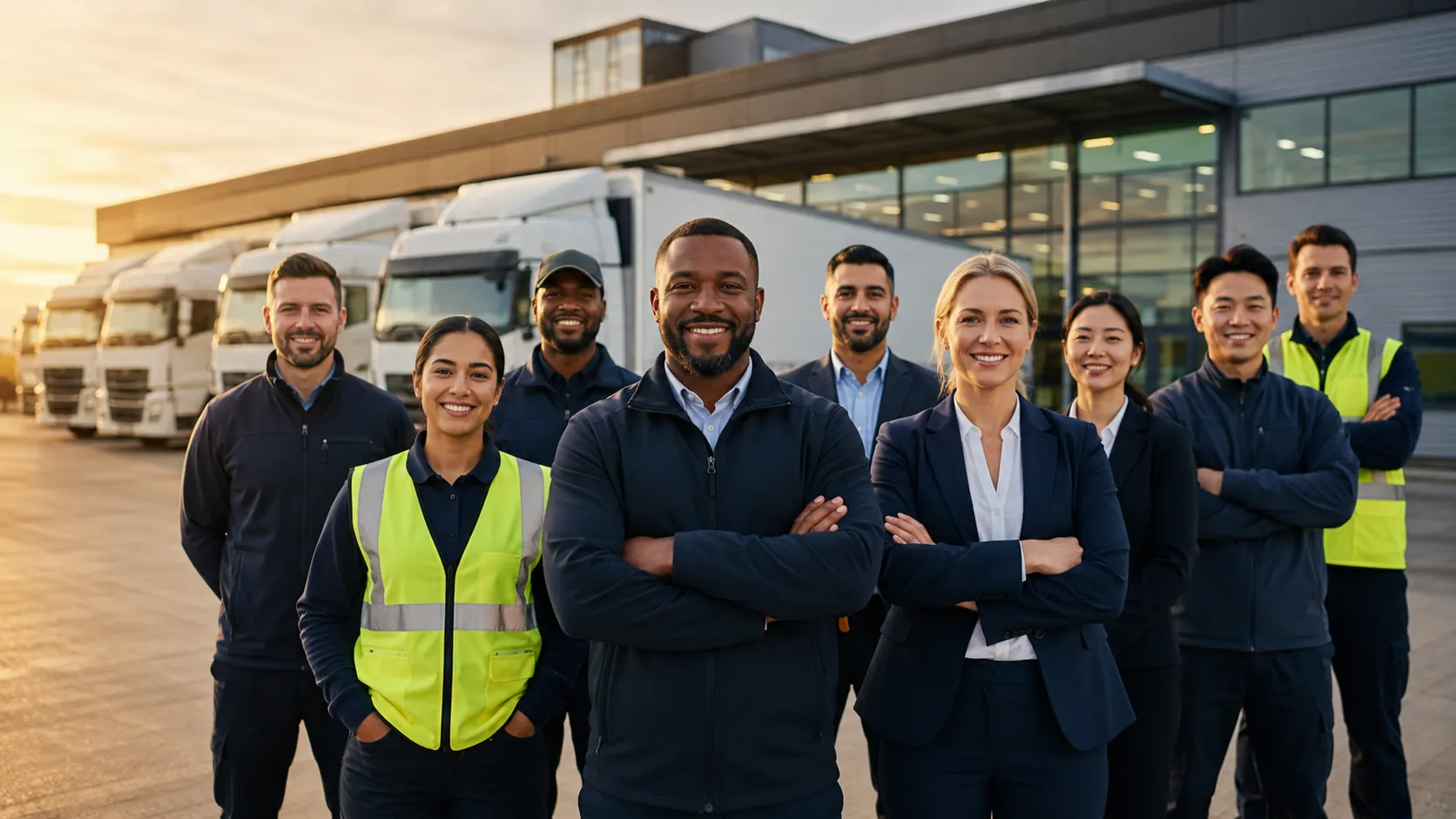 Professional logistics operations team in front of a modern truck fleet