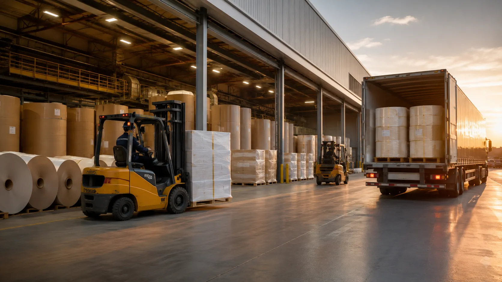 Paper mill loading operation with paper reels, pallets and professional material handling